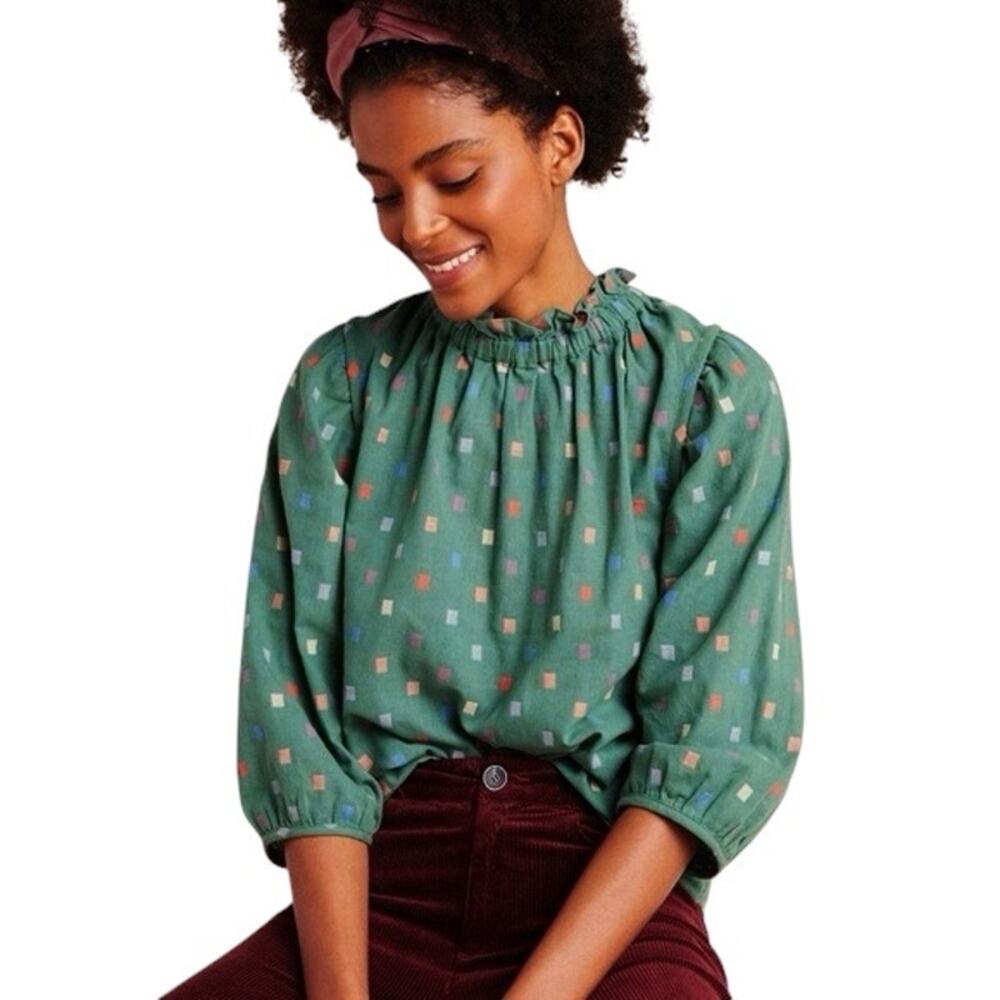 Ro & De Green Embroidered Ruffle Neck Isabella Blouse Size Medium